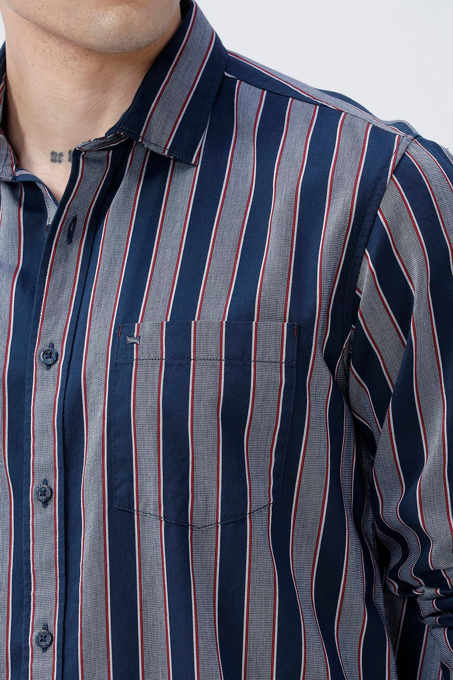 BASICS SLIM FIT PAGEANT NAVY COTTON TWILL STRIPE SHIRT