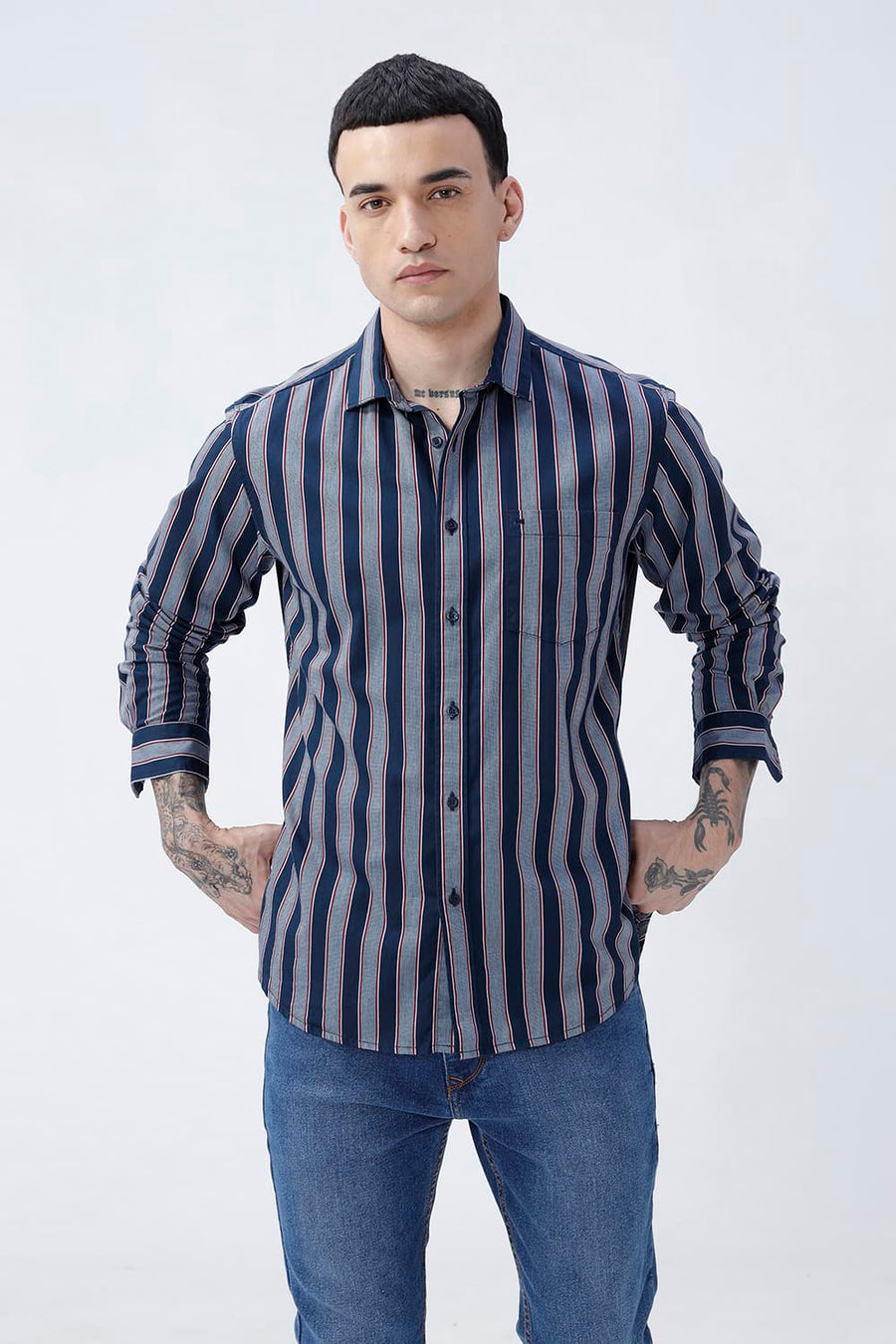 BASICS SLIM FIT PAGEANT NAVY COTTON TWILL STRIPE SHIRT