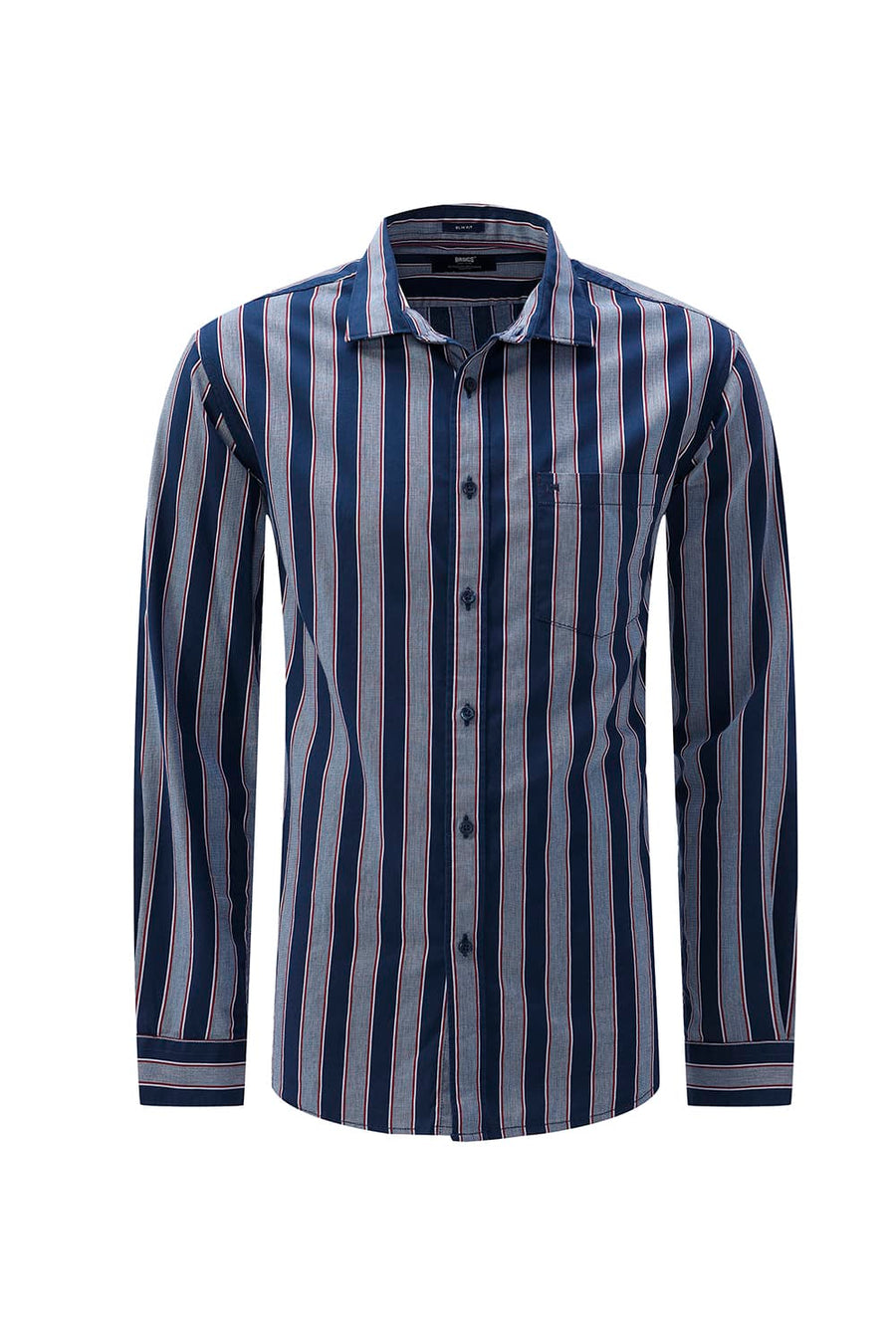 BASICS SLIM FIT PAGEANT NAVY COTTON TWILL STRIPE SHIRT