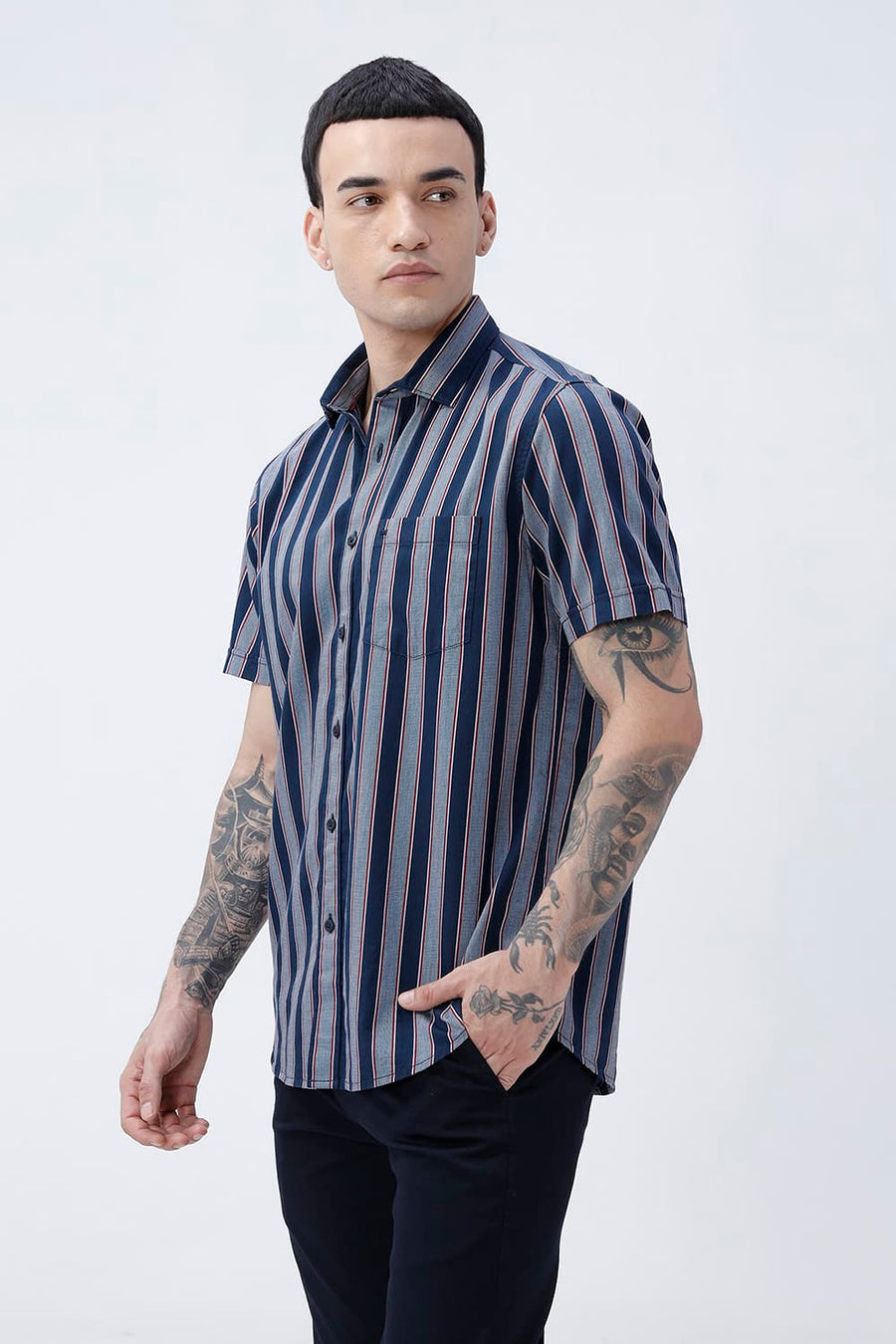 BASICS SLIM FIT PAGEANT NAVY COTTON TWILL STRIPE HALFSLEEVES SHIRT