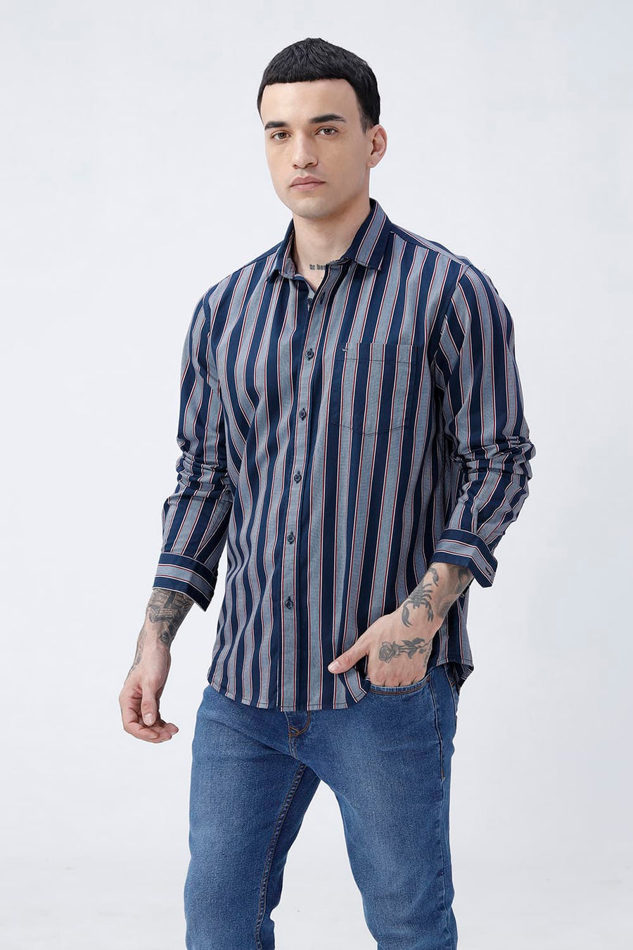 BASICS SLIM FIT PAGEANT NAVY COTTON TWILL STRIPE SHIRT