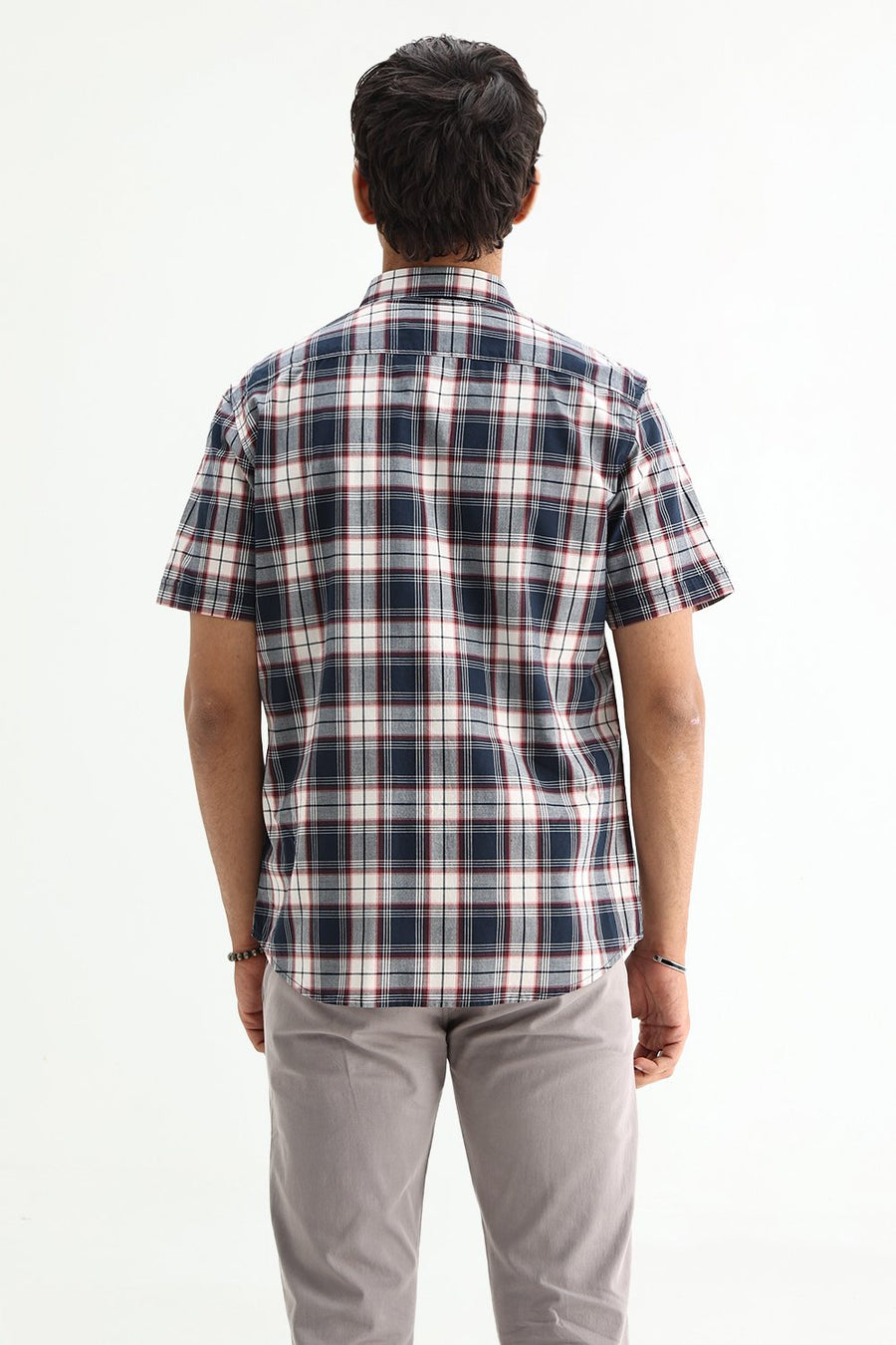 BASICS SLIM FIT NAVY ECLIPSE COTTON PLAIN CHECKS HALFSLEEVES SHIRT