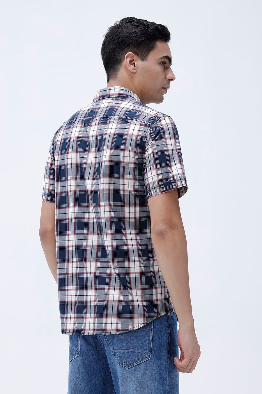 BASICS SLIM FIT NAVY ECLIPSE COTTON PLAIN CHECKS HALFSLEEVES SHIRT