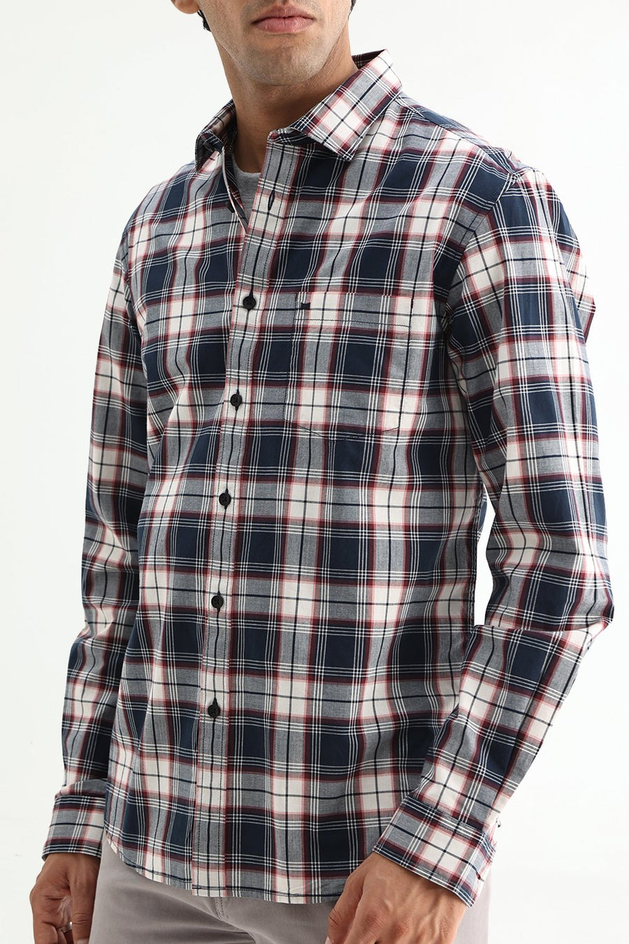 BASICS SLIM FIT NAVY ECLIPSE COTTON PLAIN CHECKS SHIRT