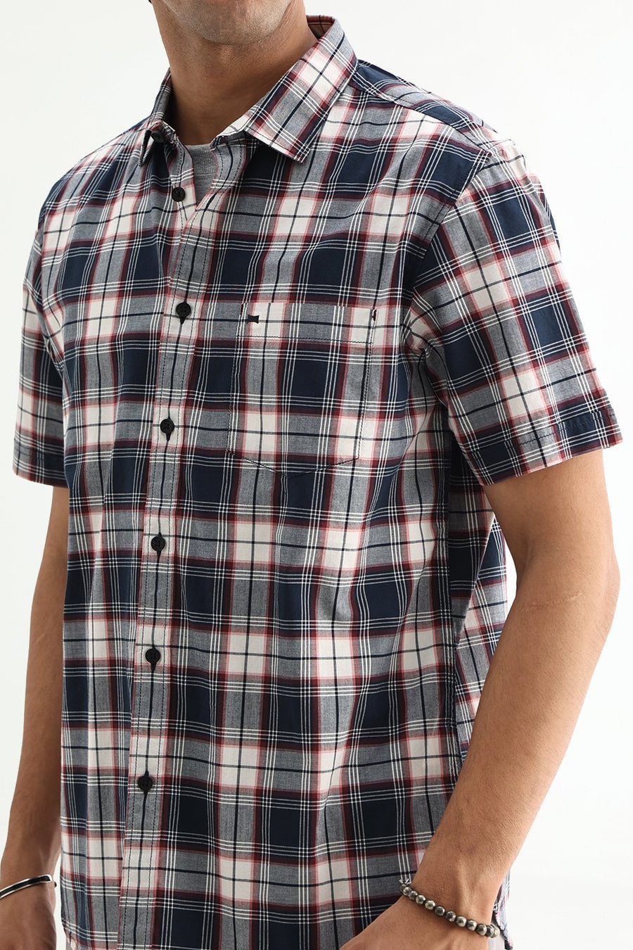 BASICS SLIM FIT NAVY ECLIPSE COTTON PLAIN CHECKS HALFSLEEVES SHIRT