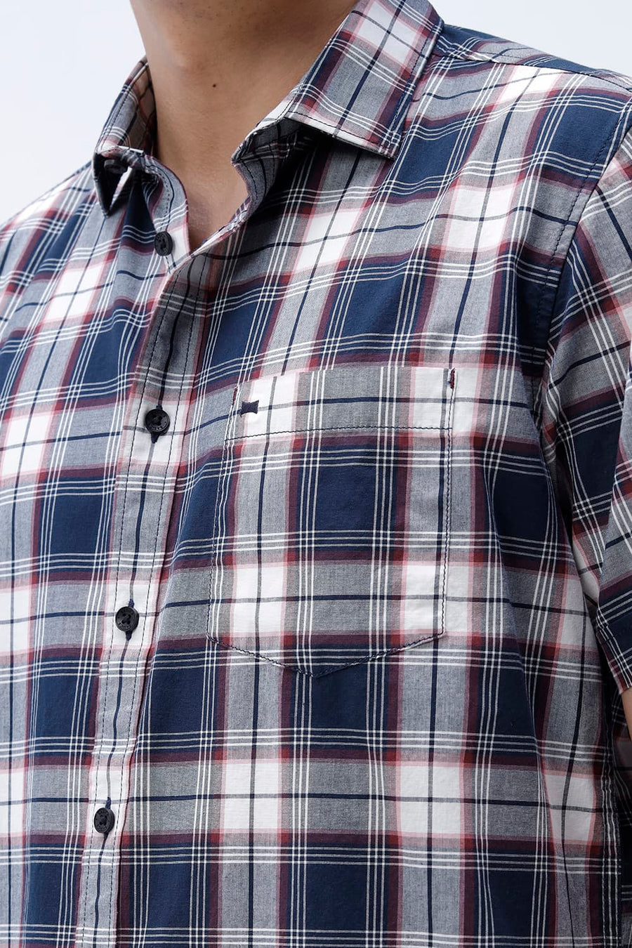 BASICS SLIM FIT NAVY ECLIPSE COTTON PLAIN CHECKS HALFSLEEVES SHIRT