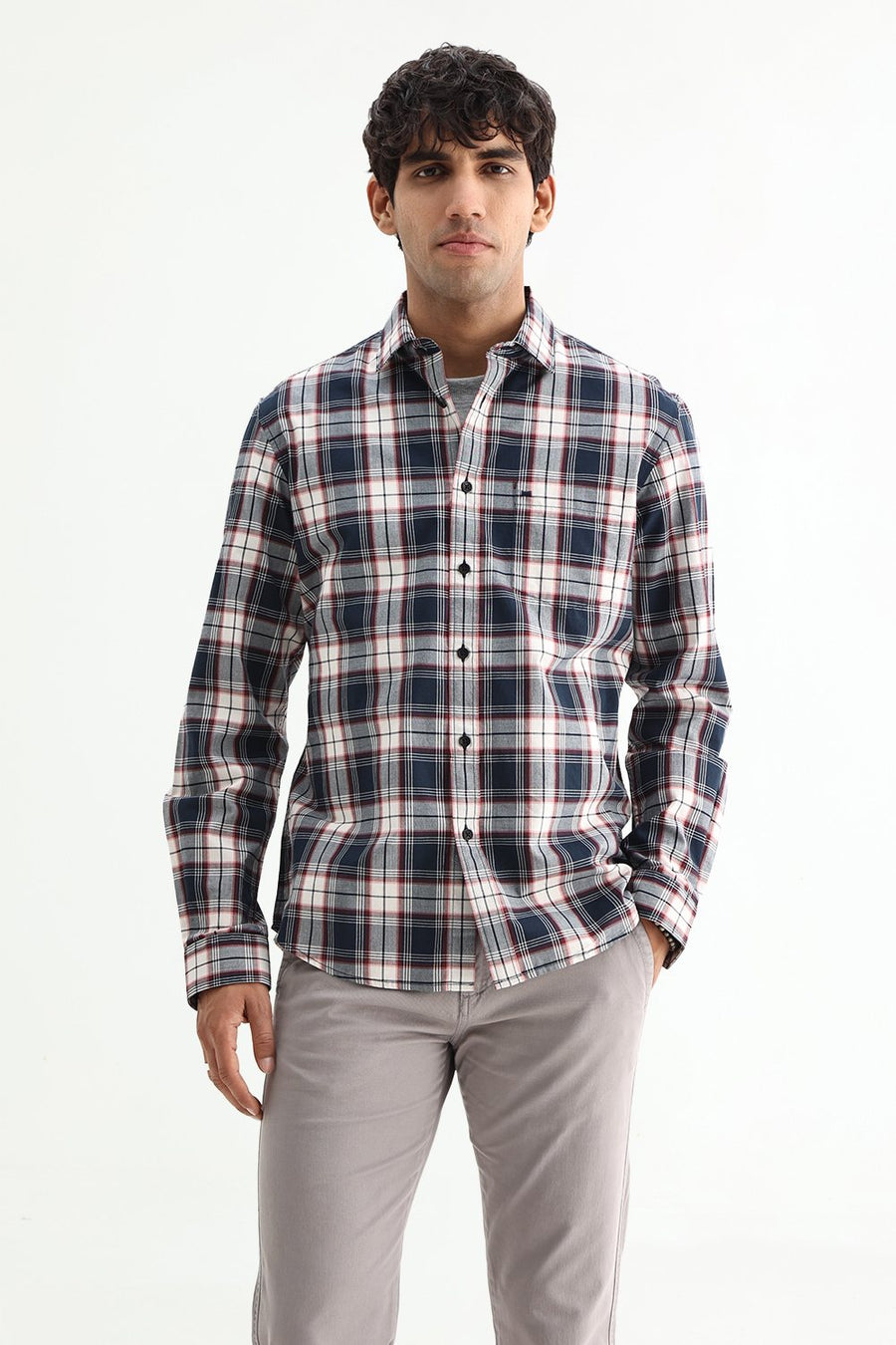 BASICS SLIM FIT NAVY ECLIPSE COTTON PLAIN CHECKS SHIRT