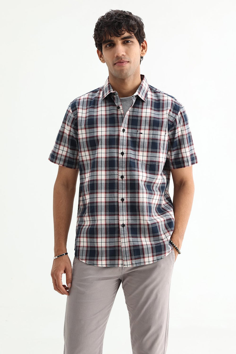 BASICS SLIM FIT NAVY ECLIPSE COTTON PLAIN CHECKS HALFSLEEVES SHIRT