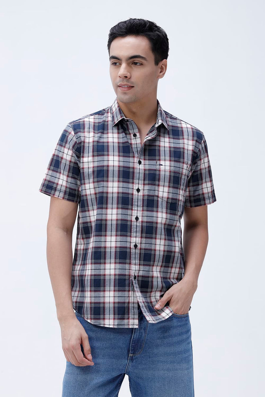 BASICS SLIM FIT NAVY ECLIPSE COTTON PLAIN CHECKS HALFSLEEVES SHIRT