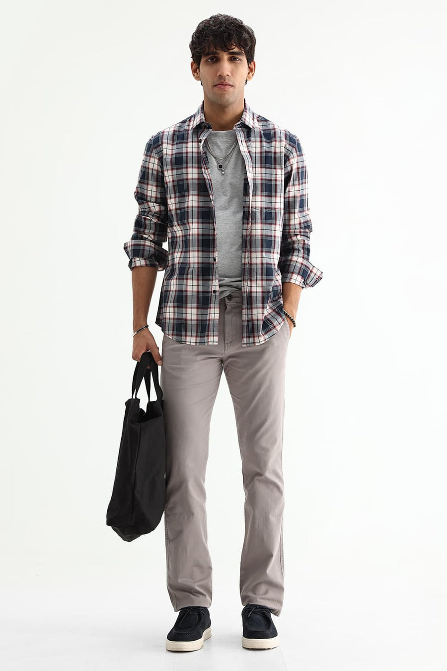 BASICS SLIM FIT NAVY ECLIPSE COTTON PLAIN CHECKS SHIRT