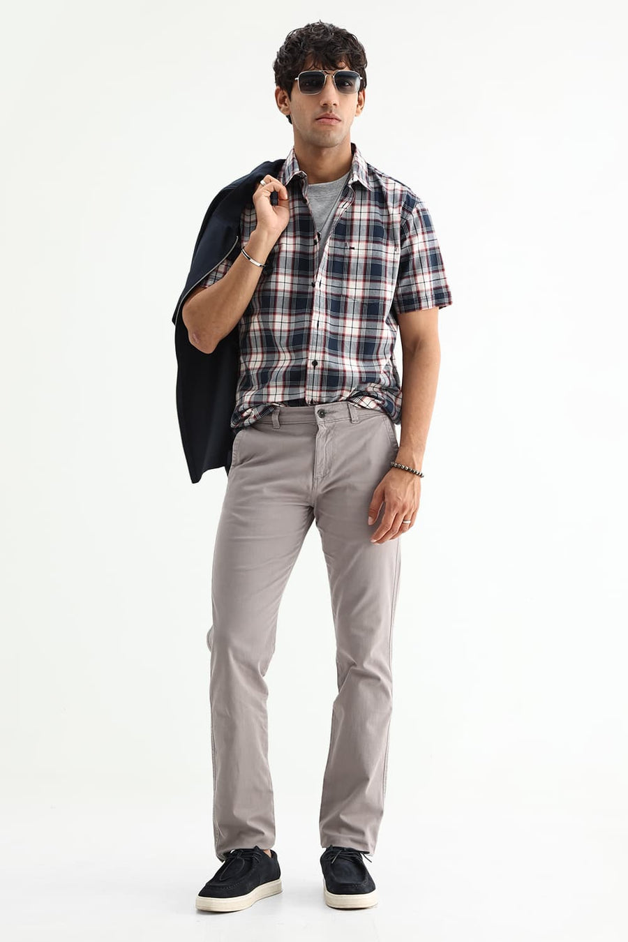 BASICS SLIM FIT NAVY ECLIPSE COTTON PLAIN CHECKS HALFSLEEVES SHIRT