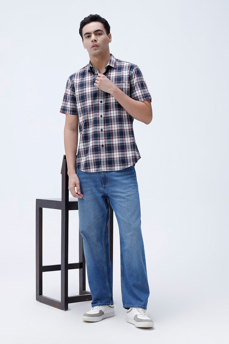 BASICS SLIM FIT NAVY ECLIPSE COTTON PLAIN CHECKS HALFSLEEVES SHIRT