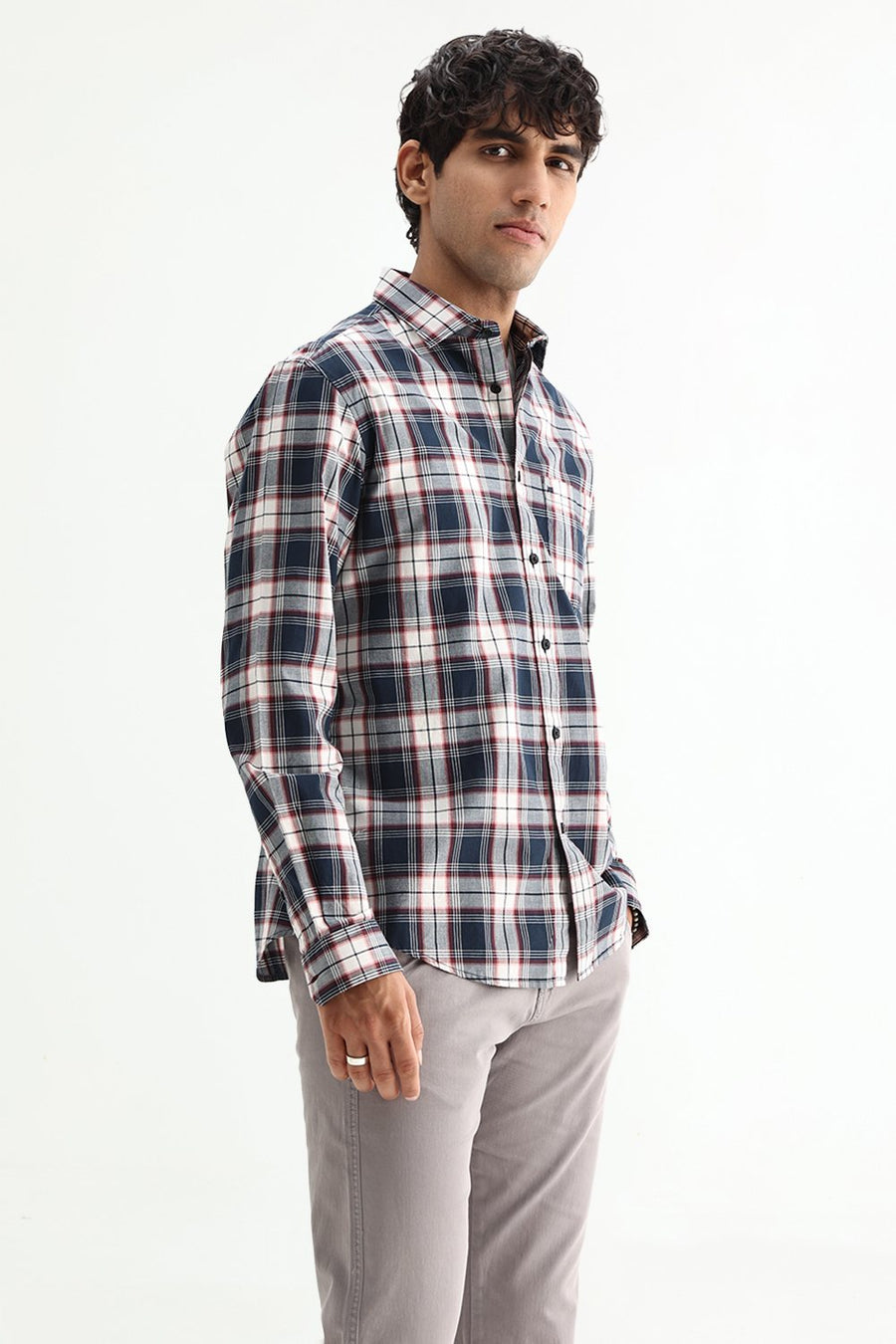 BASICS SLIM FIT NAVY ECLIPSE COTTON PLAIN CHECKS SHIRT