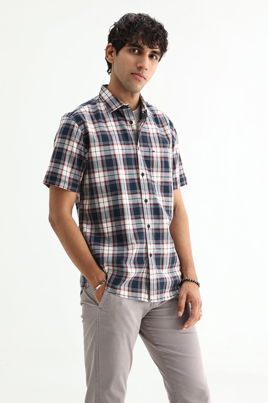 BASICS SLIM FIT NAVY ECLIPSE COTTON PLAIN CHECKS HALFSLEEVES SHIRT