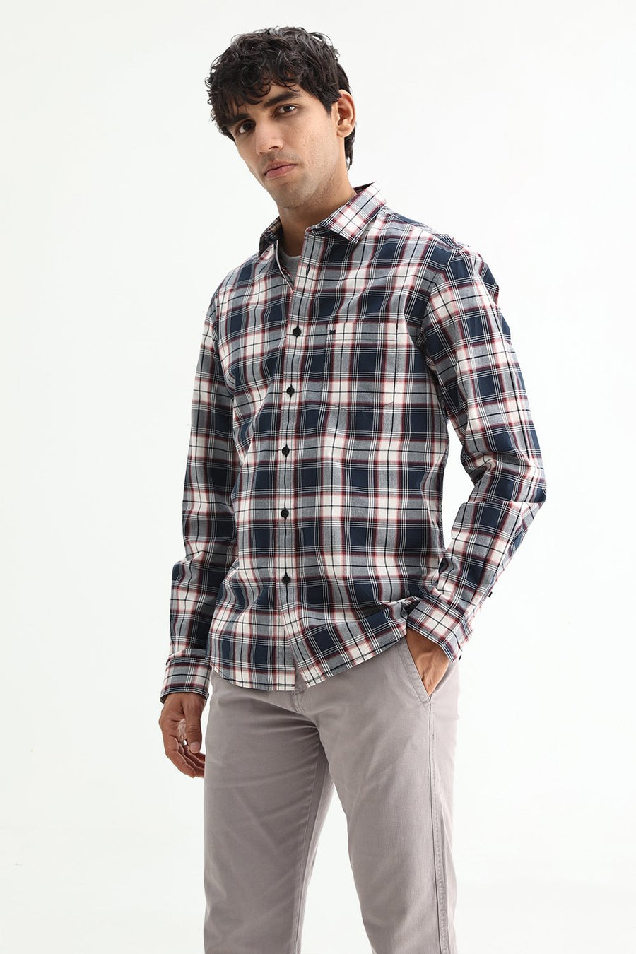 BASICS SLIM FIT NAVY ECLIPSE COTTON PLAIN CHECKS SHIRT