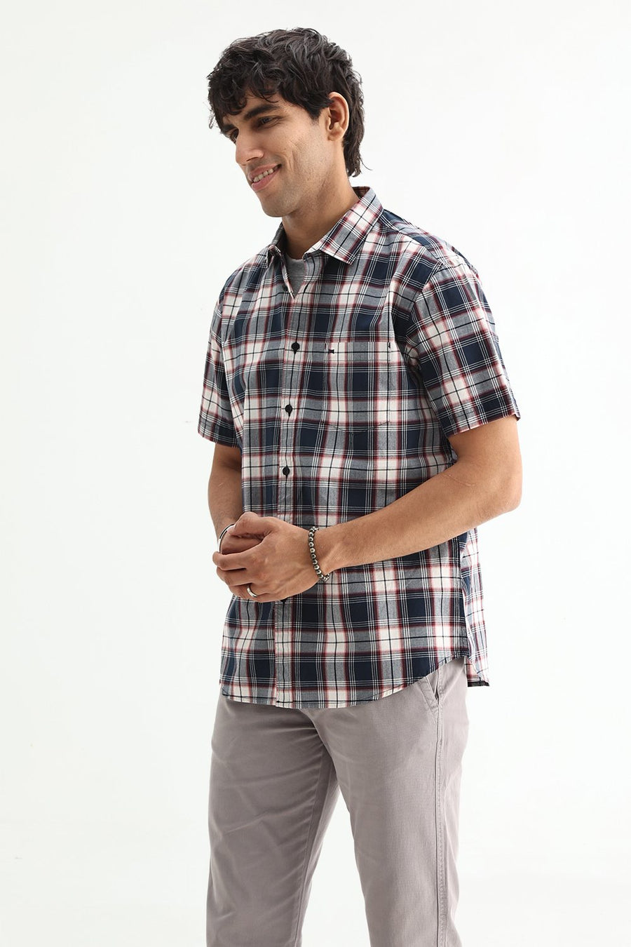 BASICS SLIM FIT NAVY ECLIPSE COTTON PLAIN CHECKS HALFSLEEVES SHIRT
