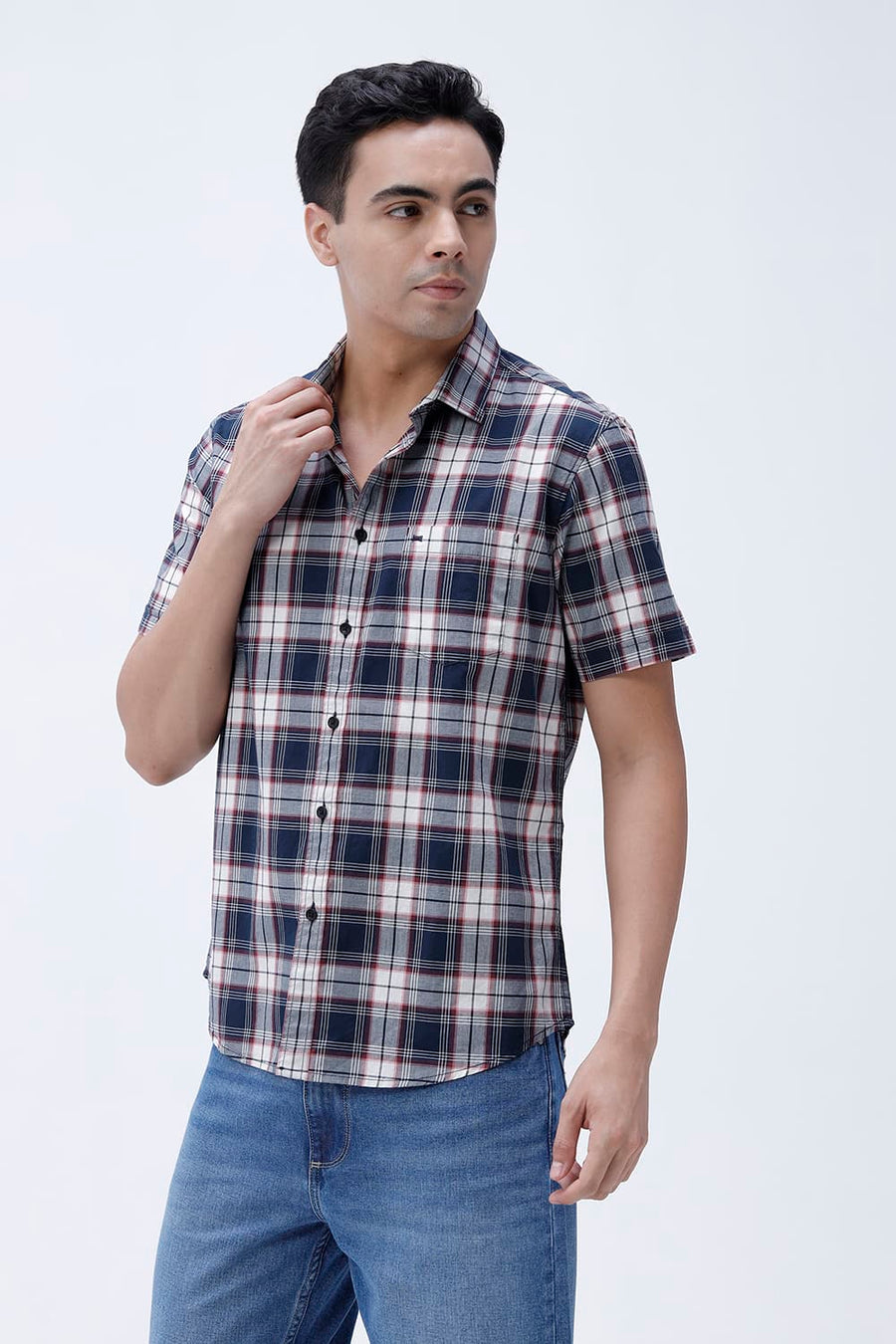 BASICS SLIM FIT NAVY ECLIPSE COTTON PLAIN CHECKS HALFSLEEVES SHIRT