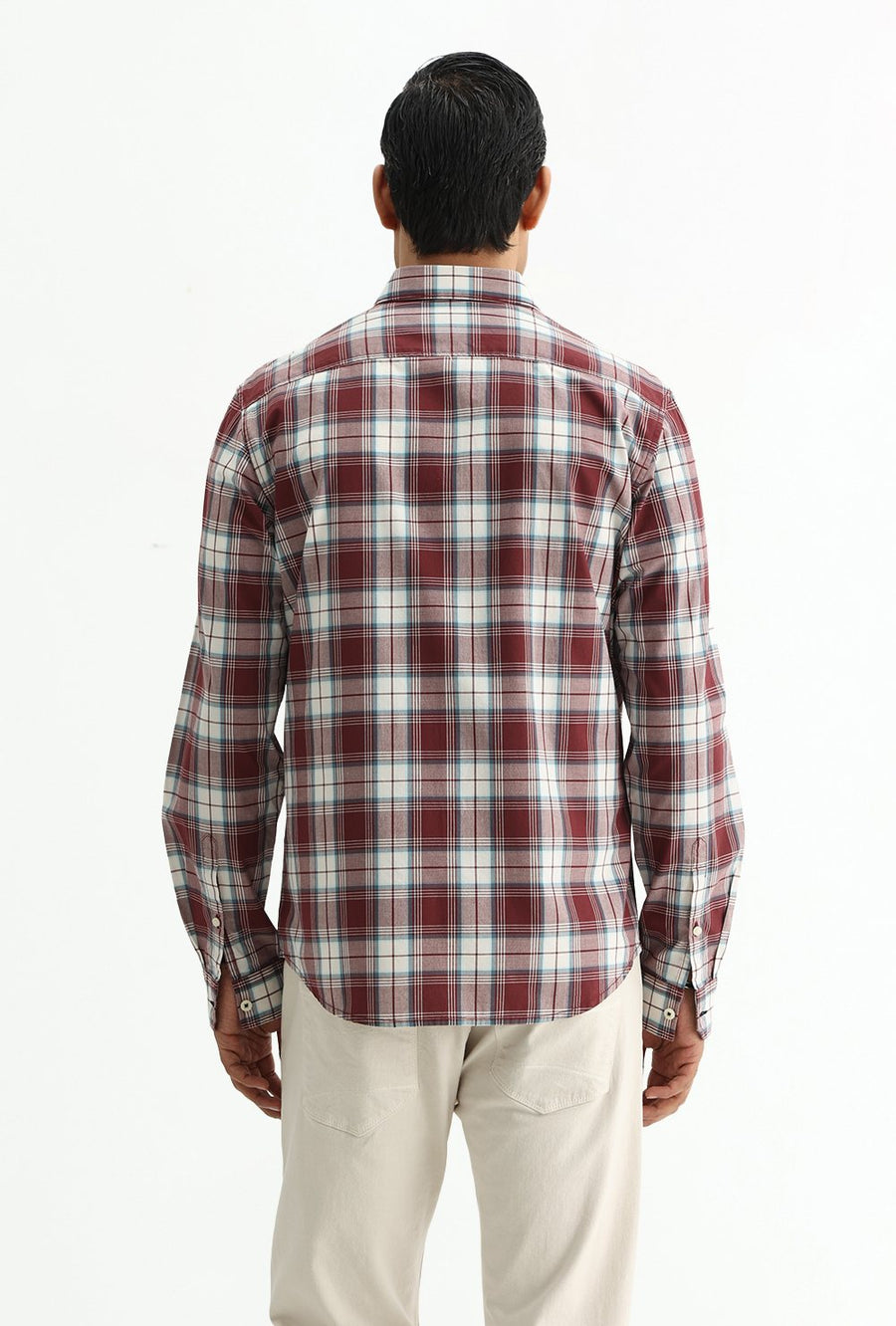 BASICS SLIM FIT TOMATO MAROON COTTON PLAIN CHECKS SHIRT
