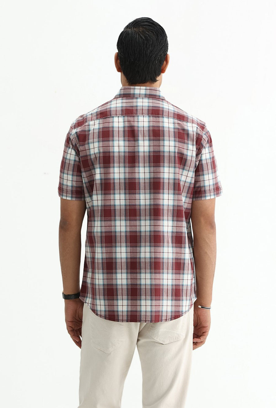 BASICS SLIM FIT TOMATO MAROON COTTON PLAIN CHECKS HALFSLEEVES SHIRT