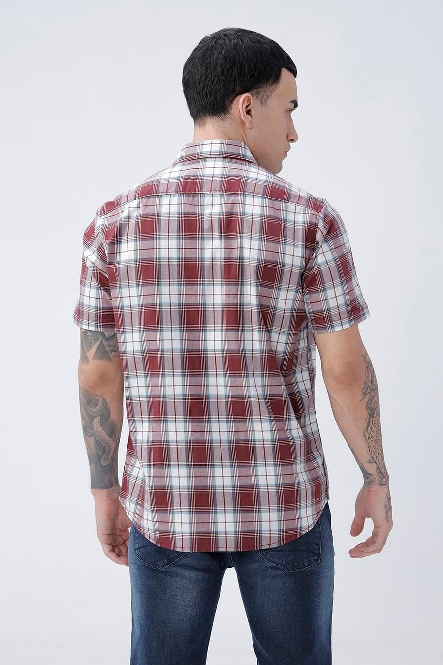 BASICS SLIM FIT TOMATO MAROON COTTON PLAIN CHECKS HALFSLEEVES SHIRT