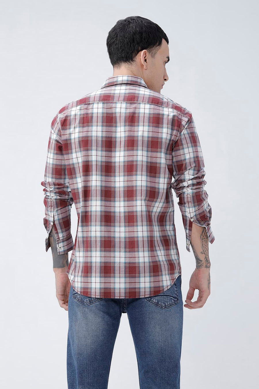 BASICS SLIM FIT TOMATO MAROON COTTON PLAIN CHECKS SHIRT