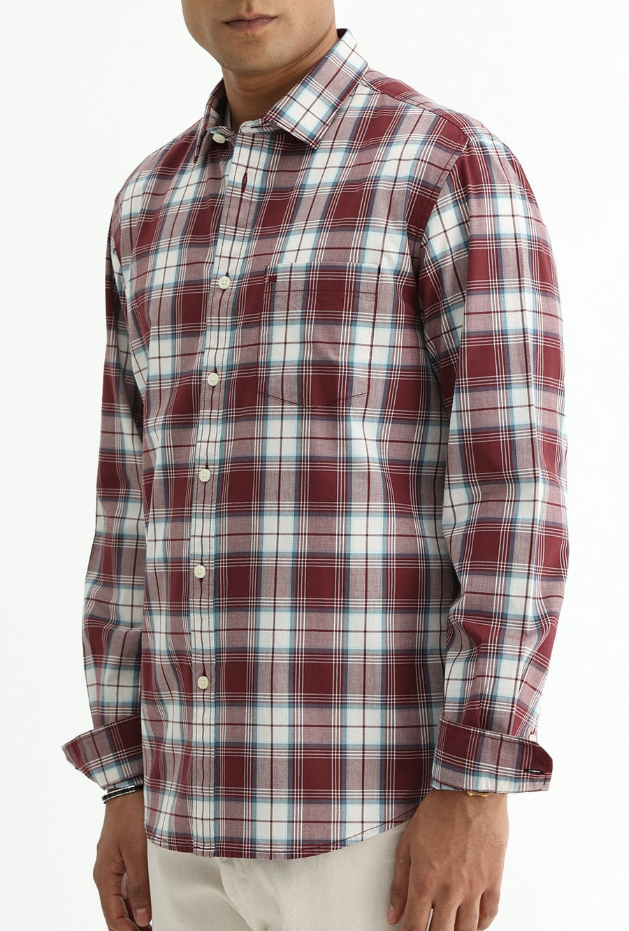 BASICS SLIM FIT TOMATO MAROON COTTON PLAIN CHECKS SHIRT