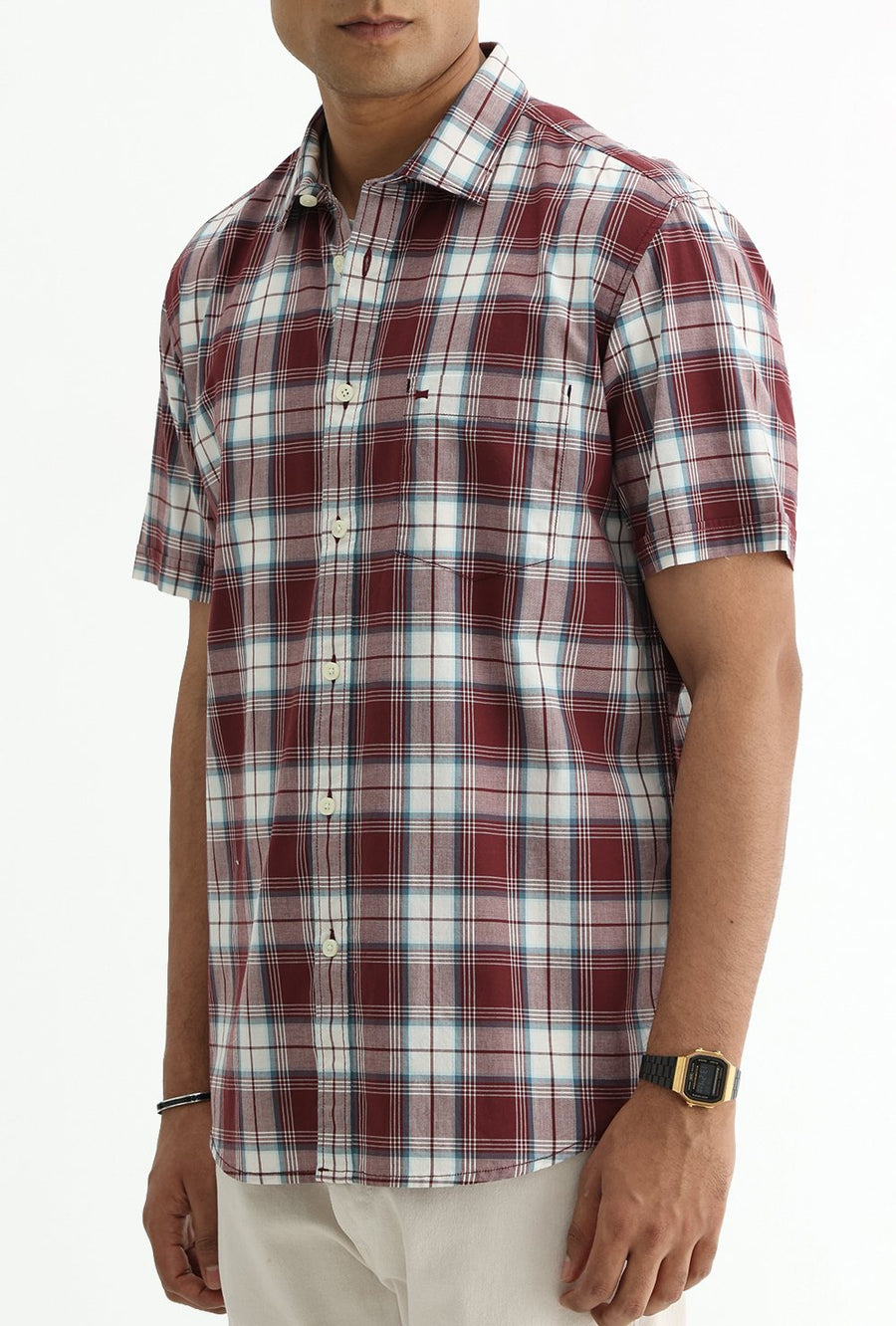 BASICS SLIM FIT TOMATO MAROON COTTON PLAIN CHECKS HALFSLEEVES SHIRT