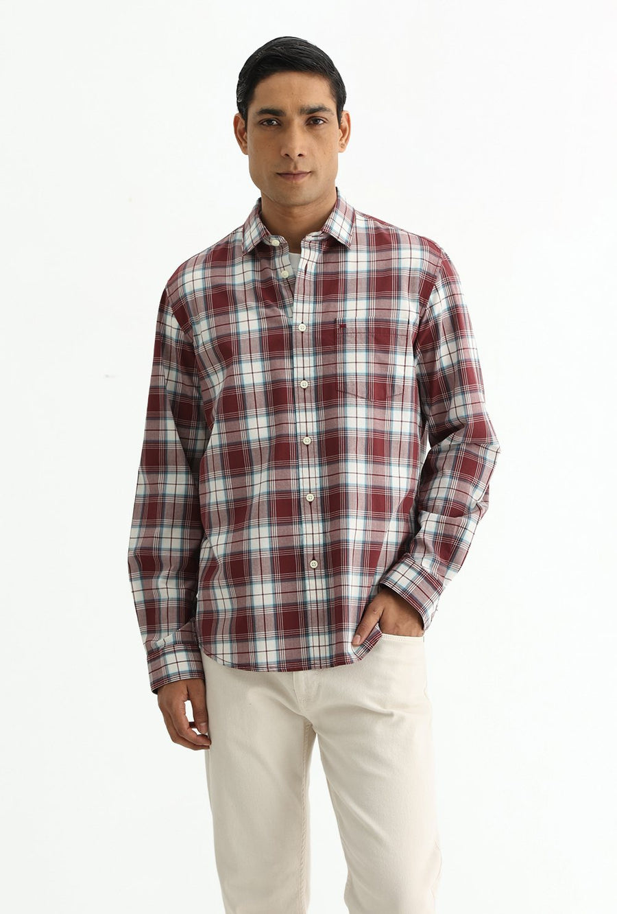BASICS SLIM FIT TOMATO MAROON COTTON PLAIN CHECKS SHIRT