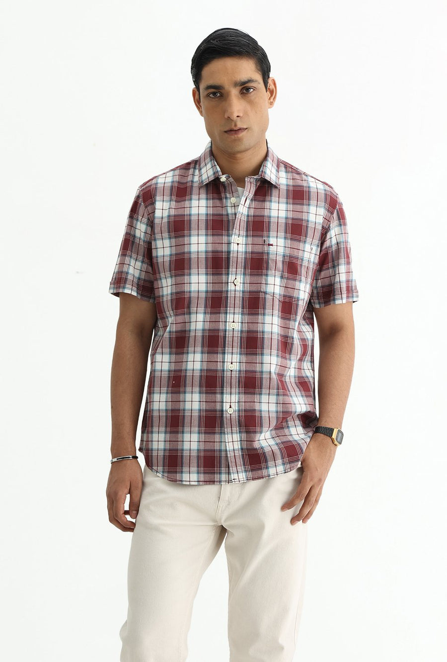 BASICS SLIM FIT TOMATO MAROON COTTON PLAIN CHECKS HALFSLEEVES SHIRT