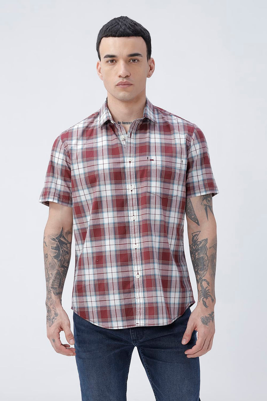 BASICS SLIM FIT TOMATO MAROON COTTON PLAIN CHECKS HALFSLEEVES SHIRT