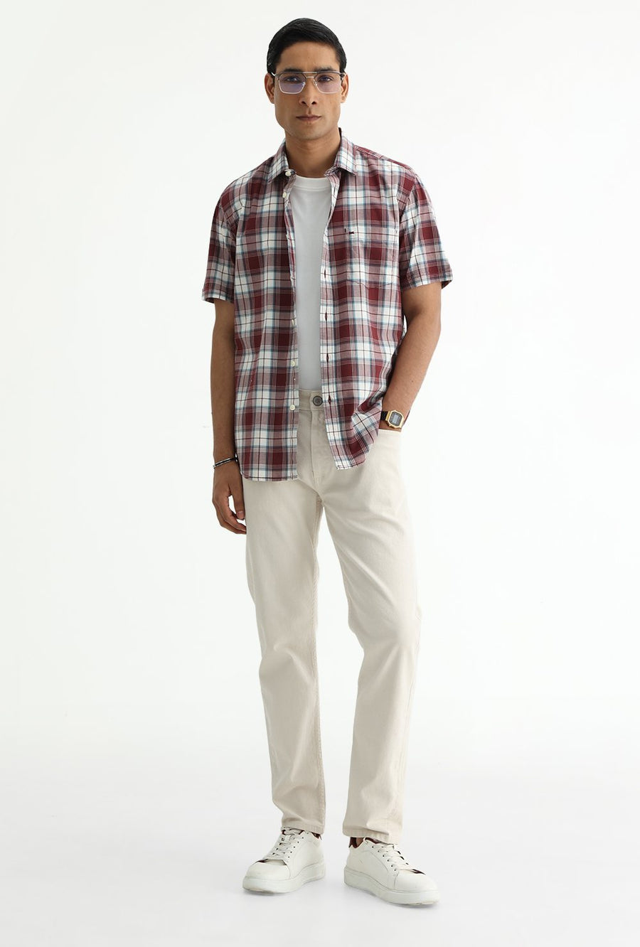 BASICS SLIM FIT TOMATO MAROON COTTON PLAIN CHECKS HALFSLEEVES SHIRT