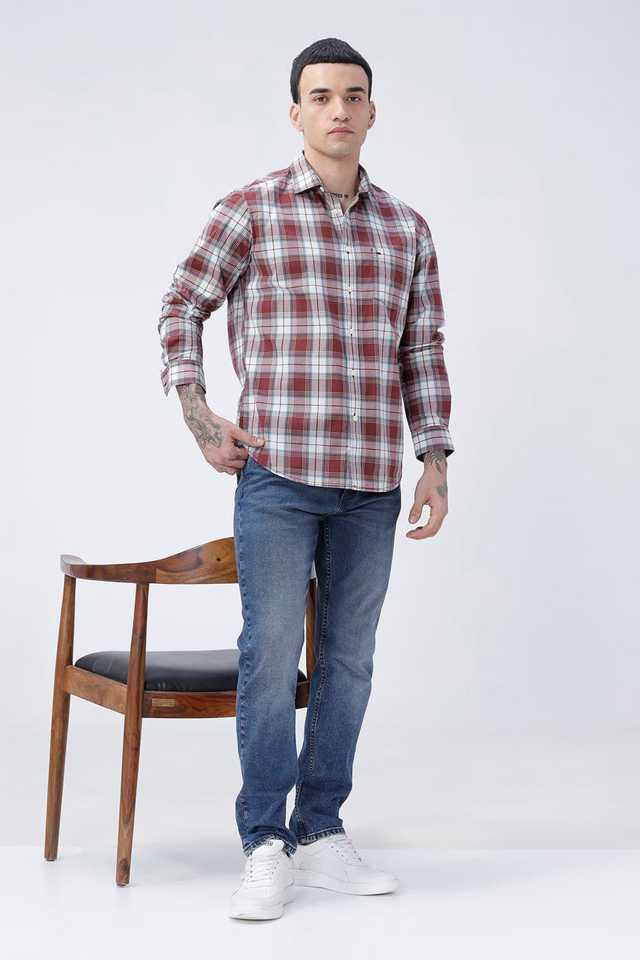 BASICS SLIM FIT TOMATO MAROON COTTON PLAIN CHECKS SHIRT