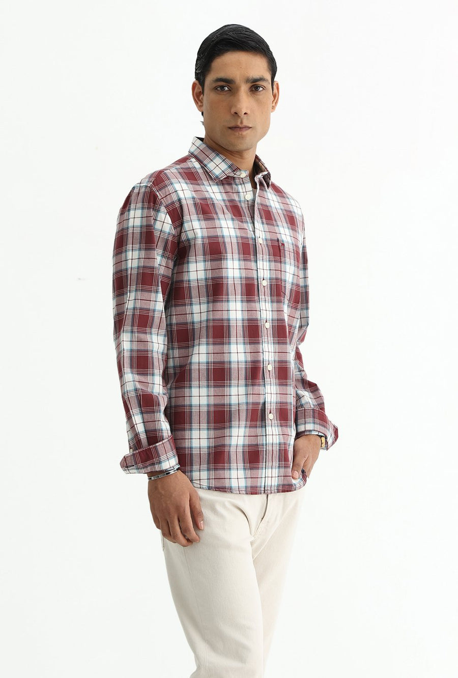 BASICS SLIM FIT TOMATO MAROON COTTON PLAIN CHECKS SHIRT
