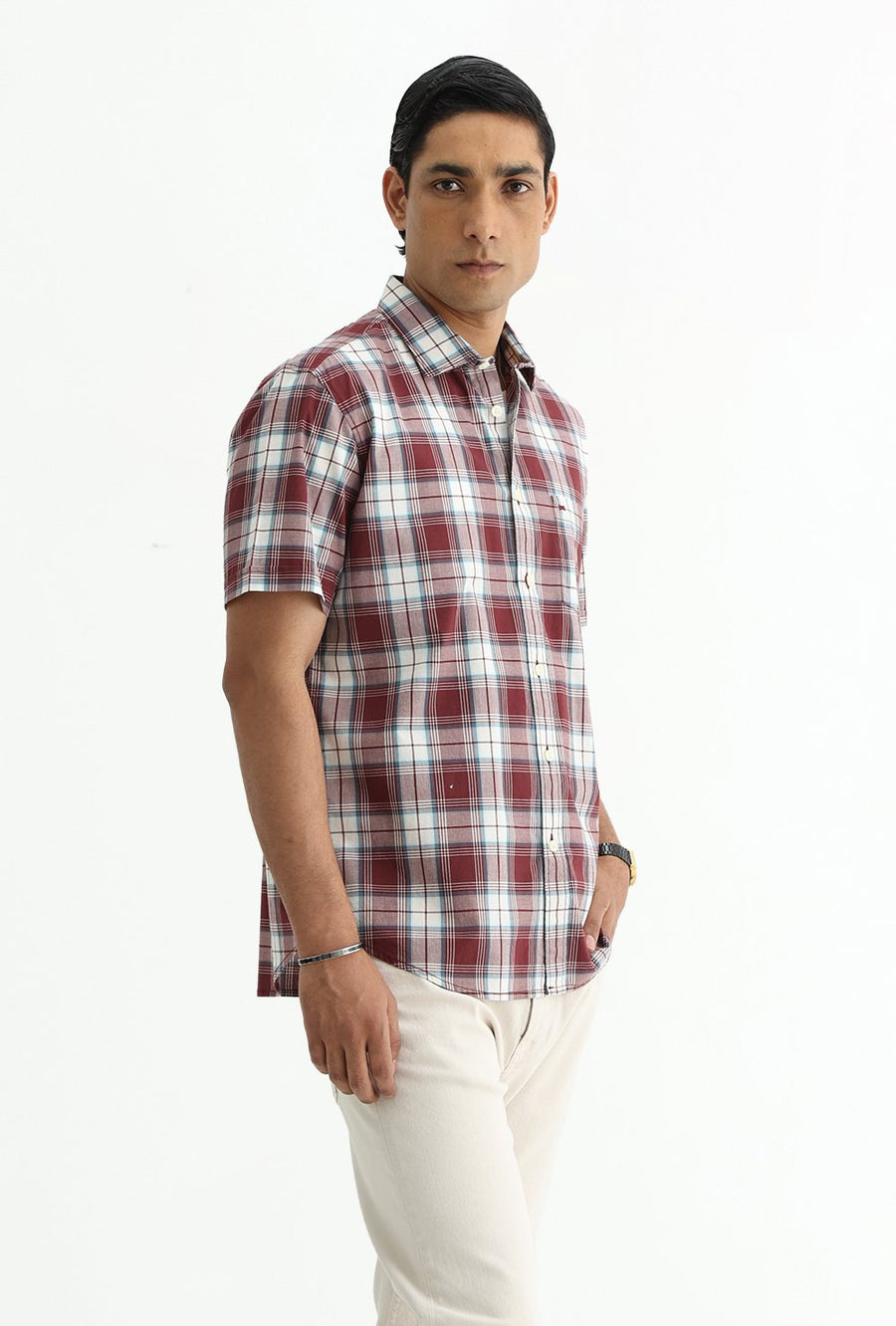 BASICS SLIM FIT TOMATO MAROON COTTON PLAIN CHECKS HALFSLEEVES SHIRT