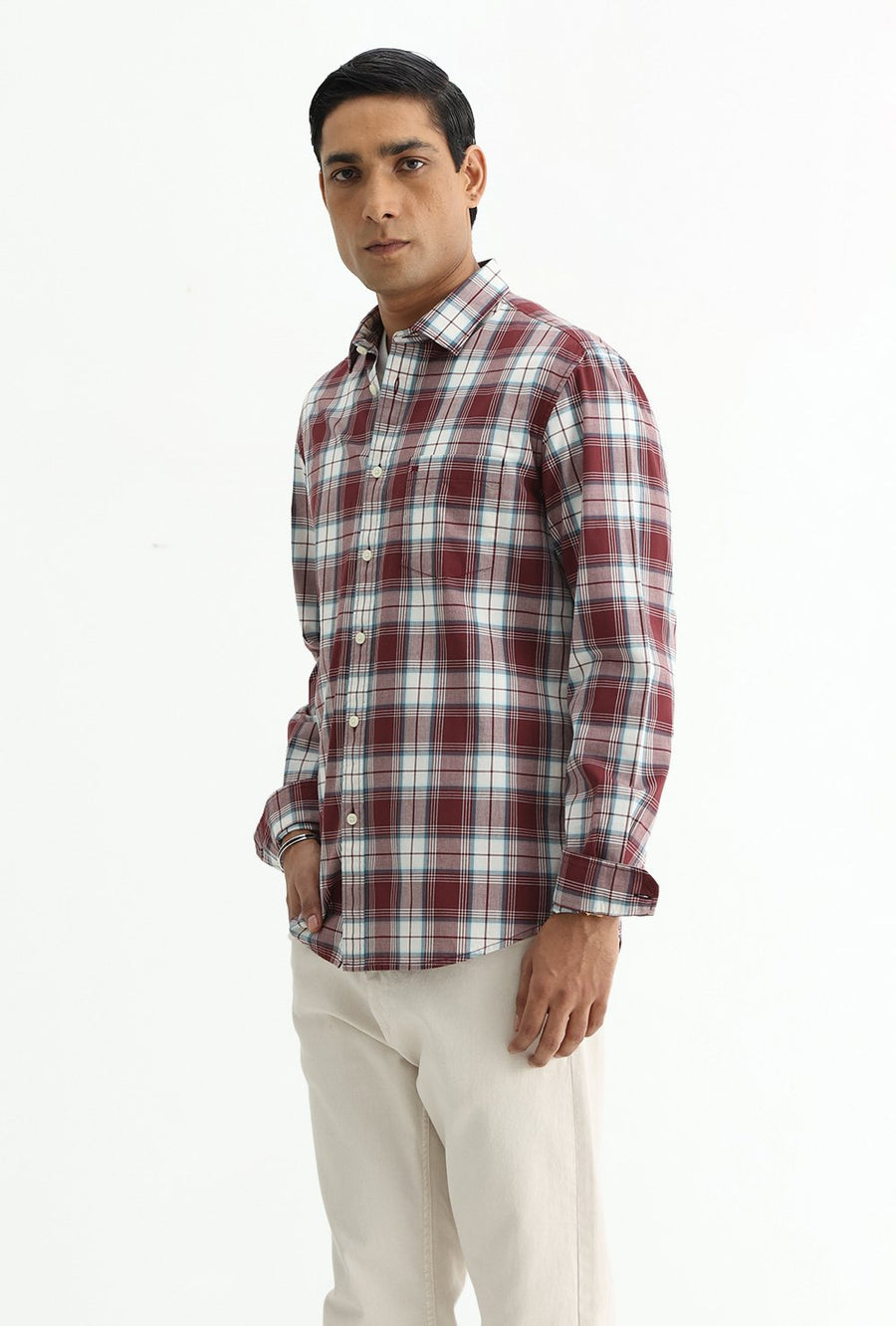 BASICS SLIM FIT TOMATO MAROON COTTON PLAIN CHECKS SHIRT