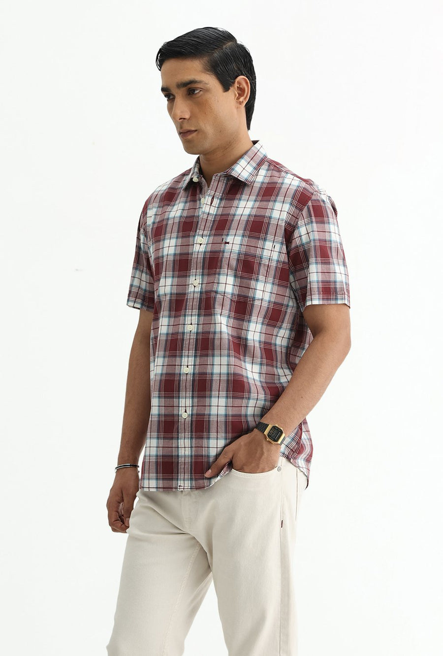 BASICS SLIM FIT TOMATO MAROON COTTON PLAIN CHECKS HALFSLEEVES SHIRT