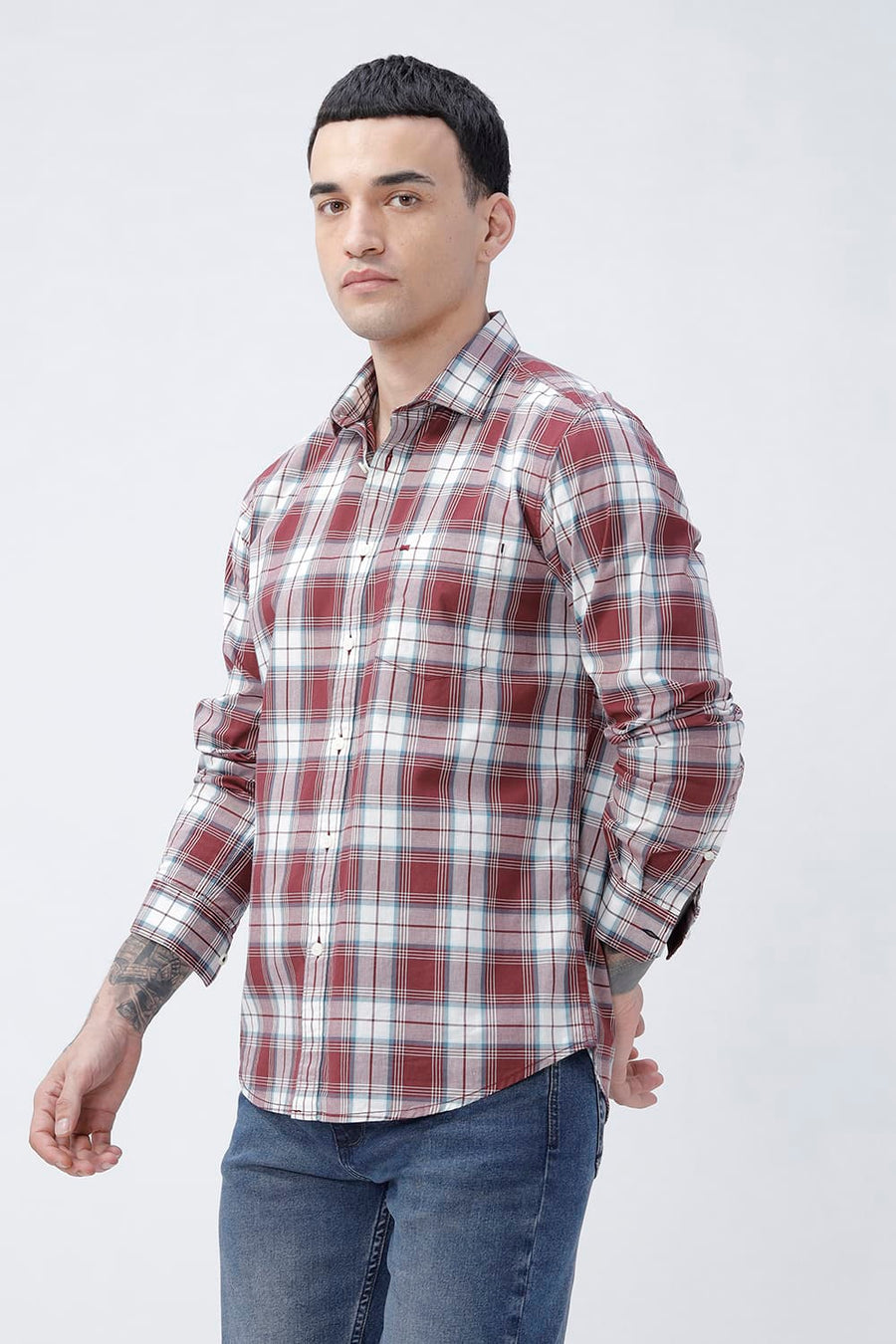 BASICS SLIM FIT TOMATO MAROON COTTON PLAIN CHECKS SHIRT
