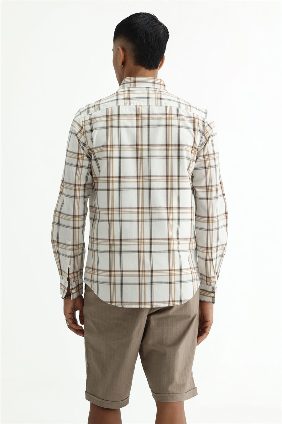 BASICS SLIM FIT WARM ECRU COTTON PLAIN CHECKS SHIRT