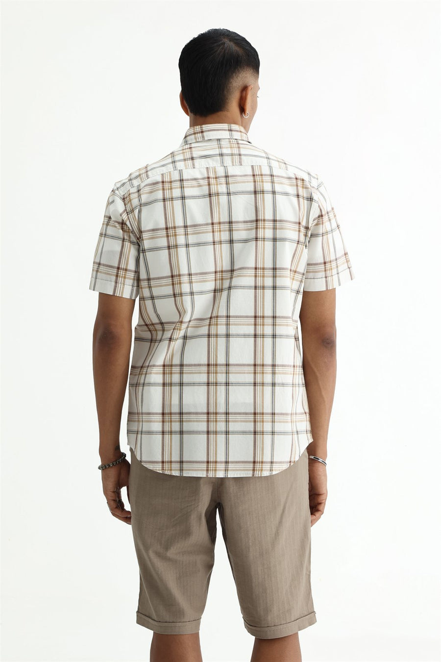 BASICS SLIM FIT WARM ECRU COTTON PLAIN CHECKS HALFSLEEVES SHIRT