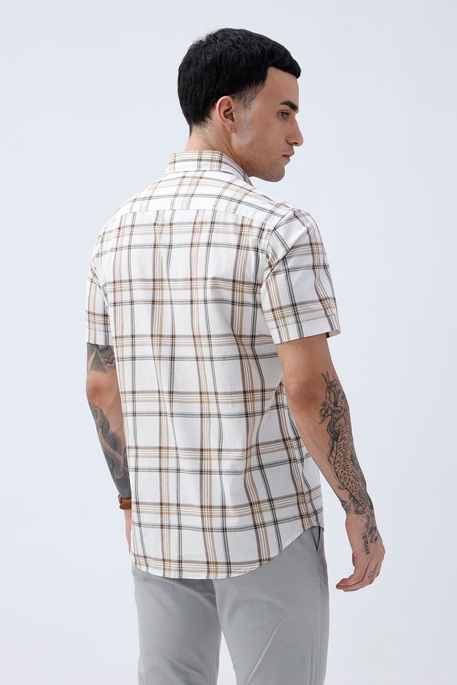 BASICS SLIM FIT WARM ECRU COTTON PLAIN CHECKS HALFSLEEVES SHIRT