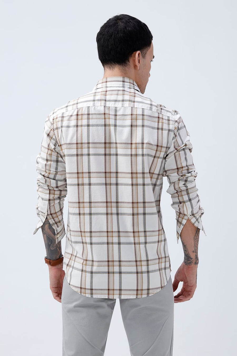 BASICS SLIM FIT WARM ECRU COTTON PLAIN CHECKS SHIRT