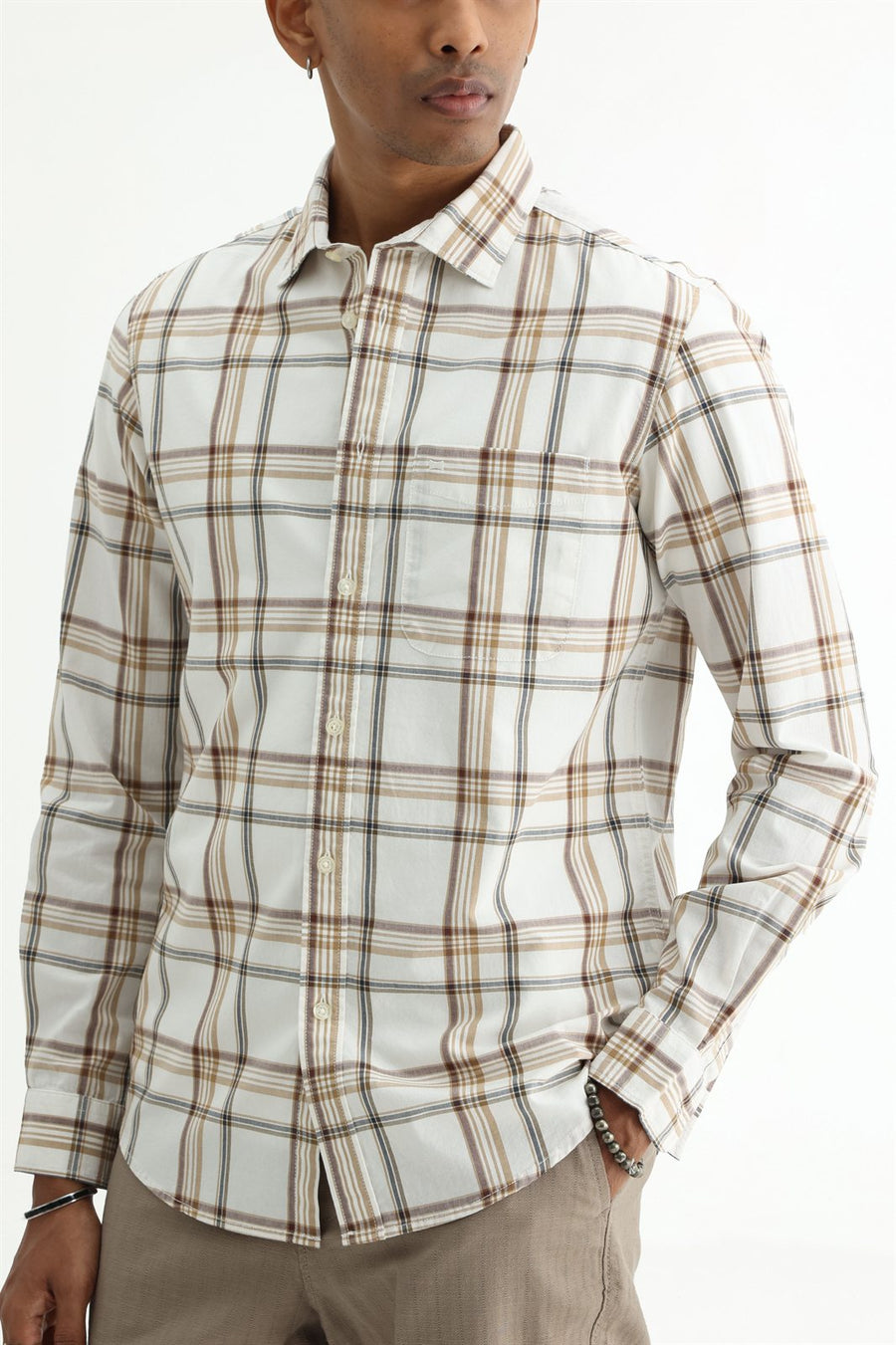BASICS SLIM FIT WARM ECRU COTTON PLAIN CHECKS SHIRT