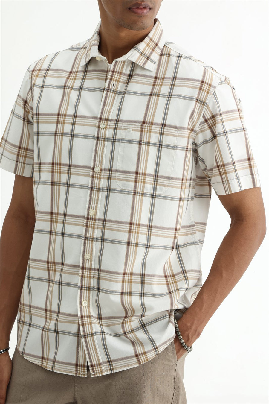 BASICS SLIM FIT WARM ECRU COTTON PLAIN CHECKS HALFSLEEVES SHIRT