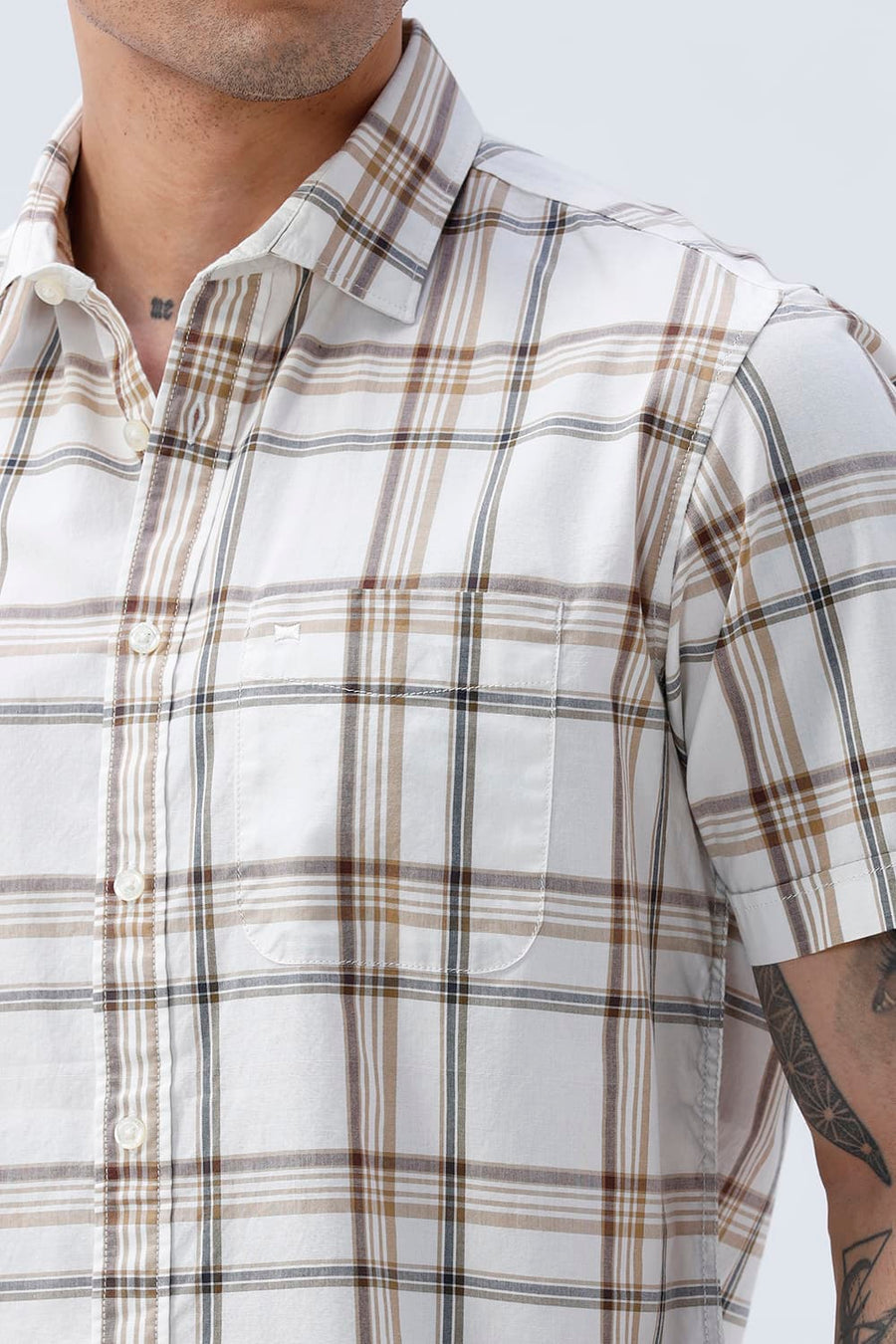 BASICS SLIM FIT WARM ECRU COTTON PLAIN CHECKS HALFSLEEVES SHIRT