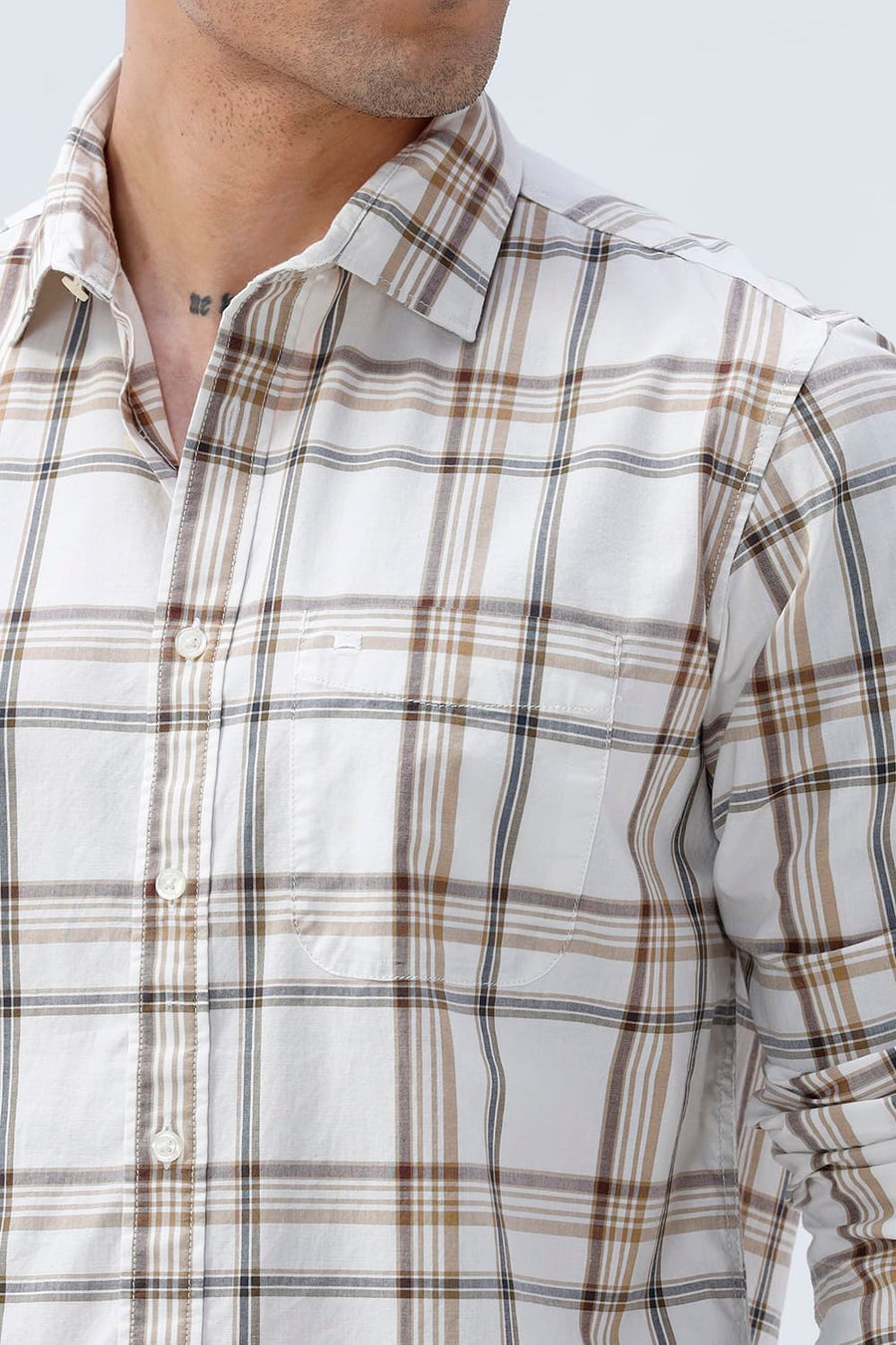 BASICS SLIM FIT WARM ECRU COTTON PLAIN CHECKS SHIRT