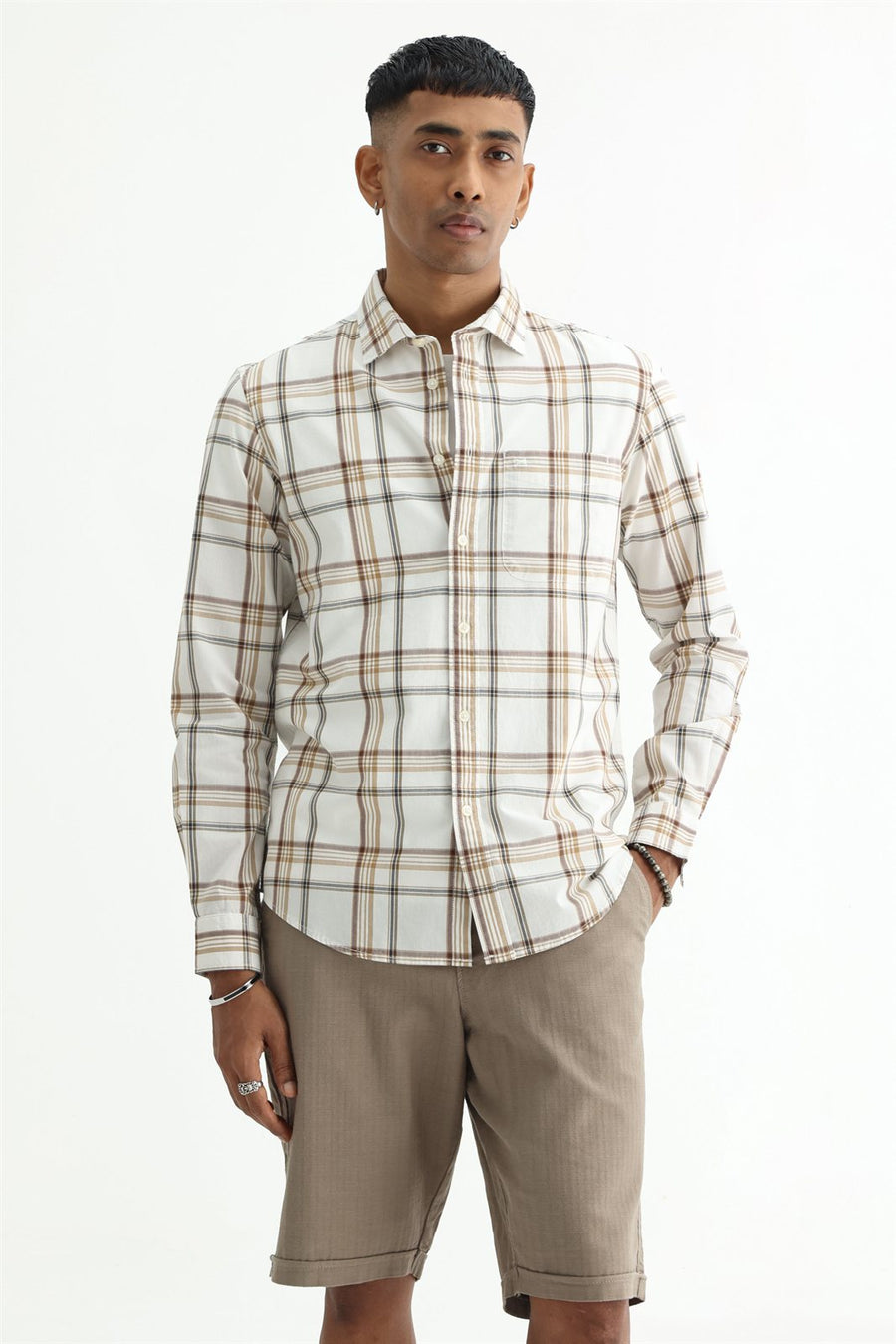 BASICS SLIM FIT WARM ECRU COTTON PLAIN CHECKS SHIRT