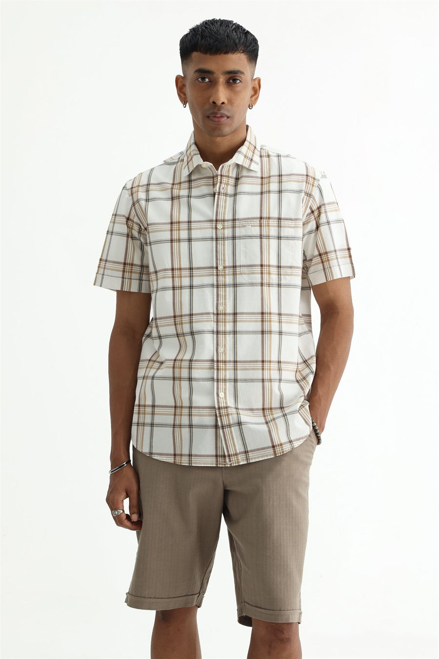 BASICS SLIM FIT WARM ECRU COTTON PLAIN CHECKS HALFSLEEVES SHIRT