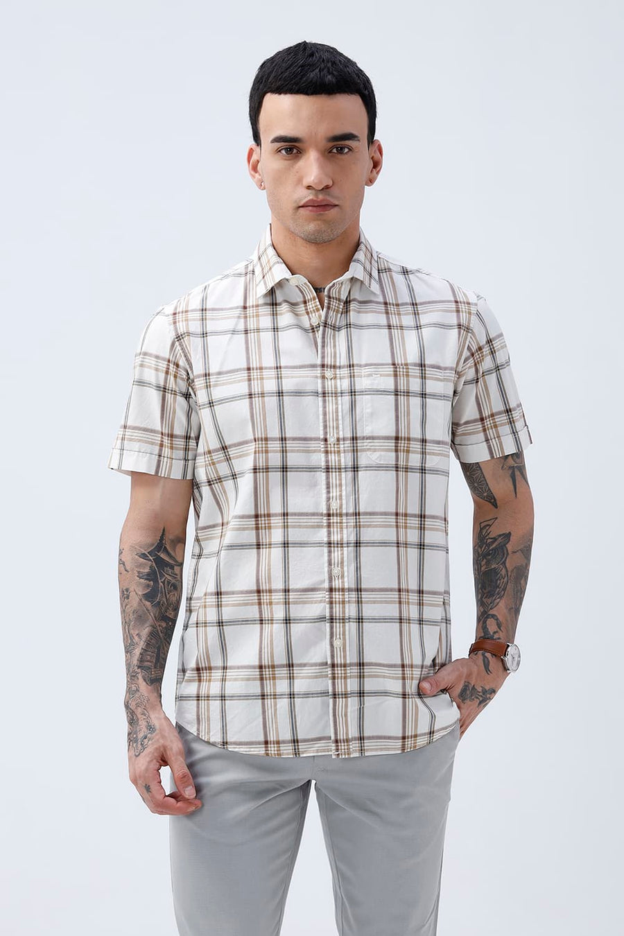 BASICS SLIM FIT WARM ECRU COTTON PLAIN CHECKS HALFSLEEVES SHIRT