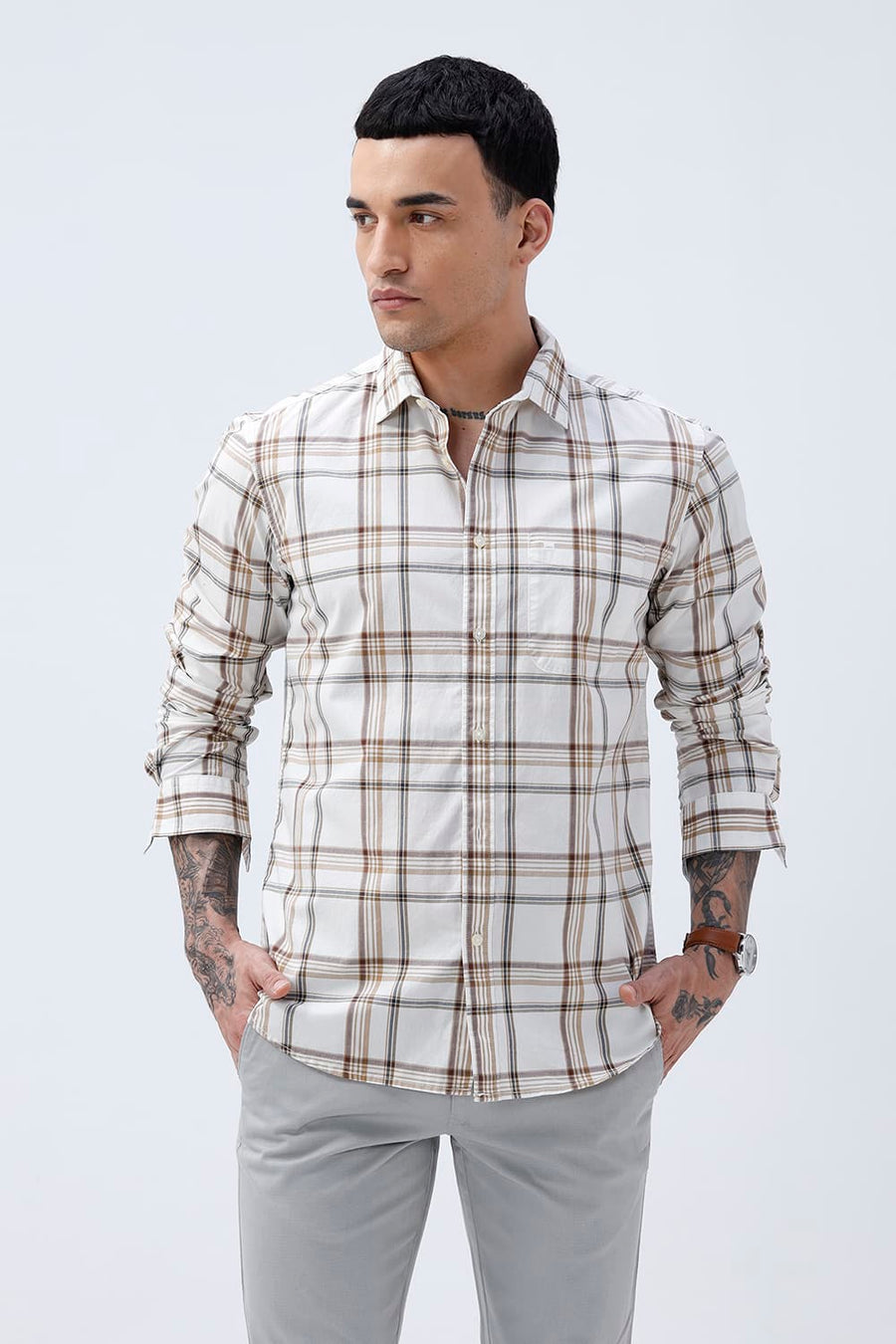 BASICS SLIM FIT WARM ECRU COTTON PLAIN CHECKS SHIRT