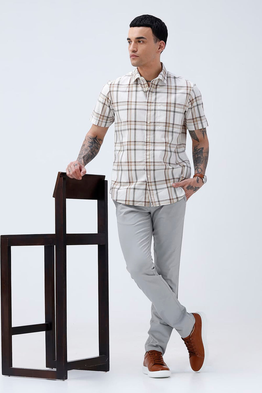 BASICS SLIM FIT WARM ECRU COTTON PLAIN CHECKS HALFSLEEVES SHIRT